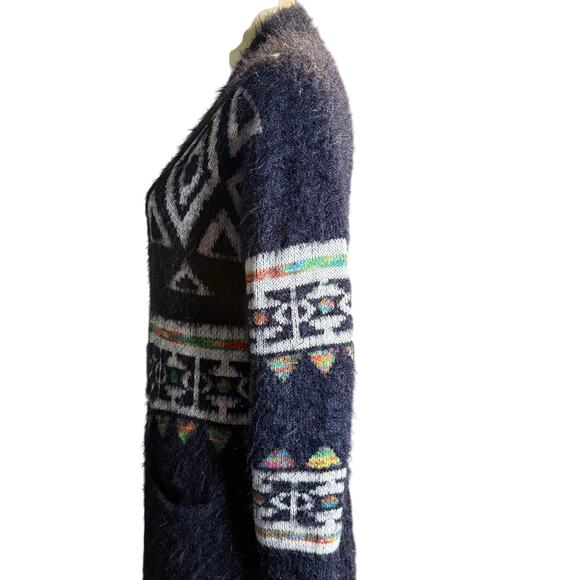 Sequin Hearts Fuzzy Aztec Longline Cardigan, Geometric Rainbow, Size Medium - Picture 3 of 9